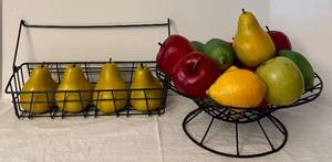 lot 201H image: DR - Decorative Metal Basket, Fruit Bowl, and Assorted Faux Fruit Kitchen Decor Set