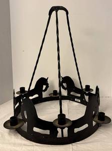 lot 205H image: DR - Wrought Iron Farm Animal Decorated Chandelier by Little Mtn. Blacksmith, 19in Tall