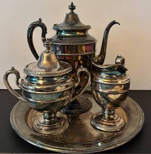 lot 208H image: LR - 4-Piece Vintage Silver-Plated Tea Set with Tray and Lidded Sugar Bowl, Moore & Co