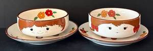 lot 211H image: K - Set of 2 Vintage Farmer Boy and Girl Childs Stacking Bowls and Plates Japan