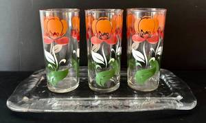 lot 220H image: DR - Set of 3 Floral Glasses with 13.5 x 7 in. Rectangular Glass Platter