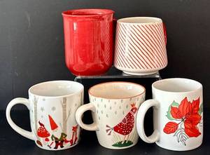 lot 222H image: K - Set of 5 Holiday Earthenware Mugs with Festive Designs