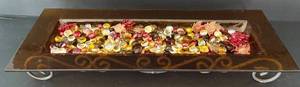 lot 225H image: K - Amber Glass Tray with Metal Base and Decorative Glass Beads, 16 Inch
