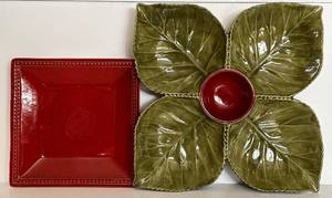 lot 226H image: DR - Haeger Green Divided Pottery Platter with Red Center Bowl and Pier One Red Salad Plate