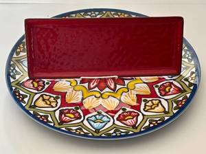 lot 227H image: LR - 19-Inch Decorative Plastic Platter and 15x6 Inch Red TAG Ceramic Serving Platter