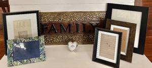 lot 230H image: K - Decorative Metal Family Quote Sign with 5 Assorted Picture Frames