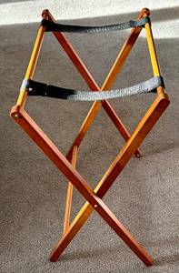 lot 236H image: LR - Vintage Wooden Folding Luggage Stand with Straps