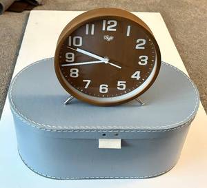 lot 242H image: LR - Digo Wooden Desk Clock with Light Blue Oval Storage Box