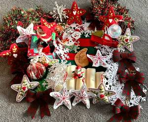 lot 244H image: LR - Large Assortment of Christmas Decor with Ornaments, Bows, and Figurines