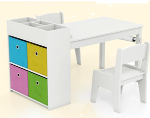 lot 11 image: HONEY JOY Kids Table and Chair Set, Wooden Arts and Crafts Activity Table wPaper Roll, Storage Bins & Shelves for Writing Drawing, Children Learning Furniture, Toddler Table and Chair Set (White)