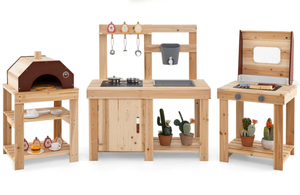 lot 12 image: Costway 3-Piece Outdoor Kitchen Set Mud Kitchen with Separate BBQ Grill and Pizza Oven-Natural