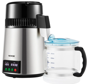 lot 58 image: VEVOR 1.1 Gal Water Distiller, 0.3 GalH, 750W Distilled Water Maker Machine 0-99H Timing Set Temp Display, 304 Stainless Steel Countertop Distiller Glass Carafe, Silver