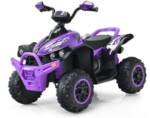 lot 101 image: INFANS Kids Ride on ATV, 12V 4 Wheeler Quad Toy Vehicle with Music, Horn, High Low Speeds, LED Lights, Electric Ride On Toy, Battery Powered Wheels Car for Kids Over 3 Years Old (Violet) (Slightly Used, Missing Wheel. Maybe Missing Hardware)