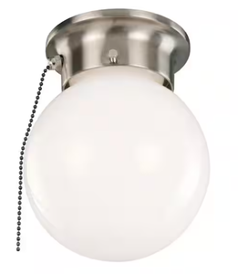 lot 115 image: Design House 1-Light Satin Nickel Ceiling Light with Opal Glass and Pull Chain