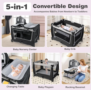 lot 66 image: BABY JOY 5 in 1 Pack and Play, Portable Nursery Center Baby Playard wBassinet & Diaper Changing Table, Infant Bassinet Activity Center with Toys, Music, Oxford Bag for Toddlers (Space Grey, Classic)