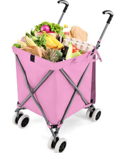 lot 129 image: Goplus Folding Shopping Cart with Wheels, Grocery Cart with Removable Oxford Cloth Liner, Lightweight Utility Cart for Groceries Laundry, Pink (USED)