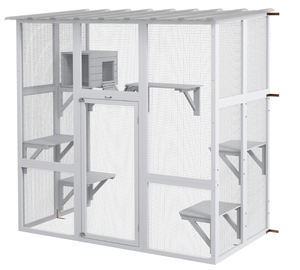 lot 8 image: PawHut Catio Outdoor Cat Enclosure, Window Box Wooden Cat House with Bridge Platforms, White