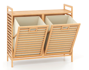 lot 28 image: Costway 75L Double Tilt-out Laundry Hamper Bamboo with 2 Removable Bins