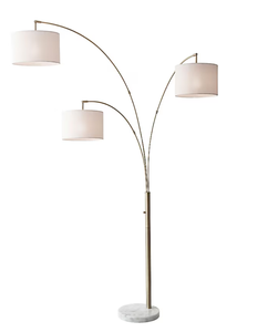 lot 32 image: Adesso Bowery 3-Arm Arc Lamp 74-in Antique Brass Arc Floor Lamp with Linen Shade