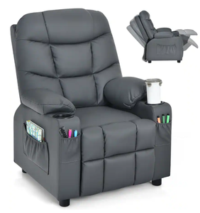 lot 39 image: Costway - Kids Youth Recliner Chair PU Leather wCup Holders & Side Pockets - Gray