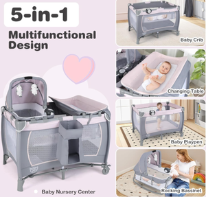 lot 40 image: BABY JOY 5 in 1 Pack and Play, Portable Baby Playard wBassinet & Diaper Changing Table, Infant Pink Bassinet Crib with Toys & Music & Oxford Bag for Baby Girl Toddlers (Pink)