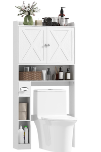 lot 71 image: HOMCOM Over The Toilet Storage Cabinet, Farmhouse Above Toilet Bathroom Organizer with Barn Doors, Adjustable Shelf, Toilet Paper Holder, Distressed White 7.7D x 32.1W x 67.7H Bottom Space for Toilet24.4 W x 35.7 H