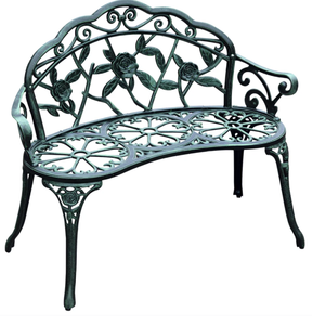 lot 73 image: Outsunny Outdoor Bench, Cast Aluminum Outdoor Furniture, Metal Bench with Floral Rose Accent & Antique Finish, Green