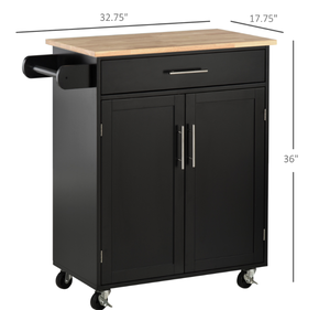 lot 75 image: HOMCOM Kitchen Island Cart, Rolling Island Table with Solid Wood Top, Trolley Cart with Drawer, Storage Cabinet & Towel Rack, Black