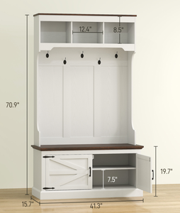 lot 76 image: HOMCOM 3-in-1 Hall Tree with Shoe Storage, Coat Rack with Bench, Entryway Furniture with Five Hooks, White Wood Grain