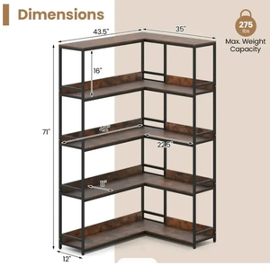 lot 84 image: Costway Corner Bookshelf 5-Tier L-Shaped Bookcase Etagere Bookshelf with Metal Frame