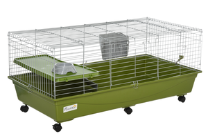 lot 90 image: PawHut 47 Small Animal Cage Chinchilla Guinea Pig Hutch Pet House with Platform Ramp, Food Dish, Wheels, & Water Bottle