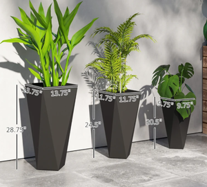 lot 92 image: Outsunny Indoor Outdoor Planters Set of 3 MgO Tall Planters Stackable Flower Pots with Drainage Holes for Garden, Balcony, Black (ONLY PLANTERS)