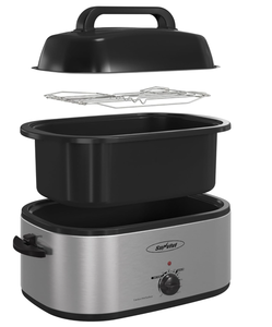 lot 144 image: Sunvivi 28 Quart Electric Roaster Oven Turkey Roaster with Lid Electric Roasters with Removable Pan Large Roaster,Visible & Self-basting Lid, Fast Heating & Thawwarming Setting,Silver