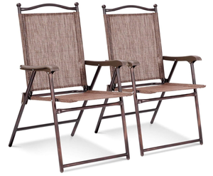 lot 149 image: Giantex Set of 2 Patio Folding Chairs, Outdoor Patio Dining Chairs wArmrest, Sling Back, Metal Frame, Outside Use for Lawn Camping Garden Pool Beach Yard Lounge, No Assembly, Brown