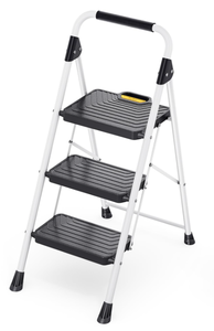lot 174 image: Sturdy Steel 3 Step Ladder, Folding Step Stool with Handrail, Anti-Slip