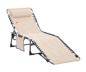 lot 195 image: Outsunny Padded Folding Chaise Lounge Chair Outdoor 6Level Reclining Camping Tanning Chair with Headrest for Beach Yard Patio Pool Beige