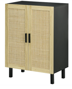 lot 309 image: HOMCOM Boho Kitchen Cabinet, Buffet Cabinet with 2 Rattan Doors and Adjustable Shelves for Dining Room, Black and Natural