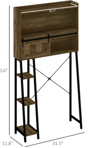 lot 310 image: HOMCOM Over The Toilet Storage Cabinet, Freestanding Over Toilet Bathroom Organizer with Sliding Door, 3 Storage Compartments and 4 Open Shelves, Distressed Brown 11.8D x 31.5W x 60.6H