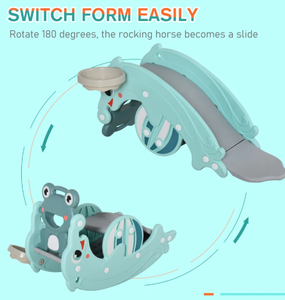 lot 318 image: Qaba 3-in-1 Kids Portable Slide Rocking Horse Toy with Basketball Hoop for Age 1.5-3 Boys and Girls, Mint Green