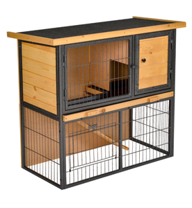 lot 323 image: PawHut Wooden Rabbit Hutch Metal Frame Small Animal Habitat with No Leak Tray, Asphalt Openable Roof,Ramp and Lockable Door for Rabbits, Chickens, Ducks, Outdoor Light Yellow 35.25 L x 17.75 W x 27.5 H