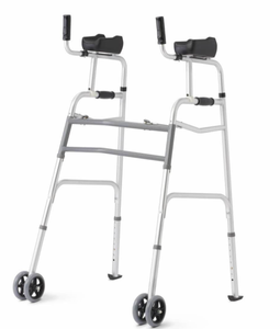 lot 342 image: Medline Upright Folding Walker with 5in Wheels 300lbs Chrome 1Ct