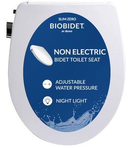 lot 371 image: Bio Bidet Slim Zero Non Electric Bidet Toilet Seat Round, Low Profile Seat with Slow Close Lid, Battery Powered Night Light, Dual Nozzles, White