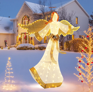 lot 257 image: Tangkula 5.2 FT Outdoor Christmas Lighted Angel, Xmas Pre-lit 3D Winged Angel with Halo, Wings & 180 Warm White LED Lights, Bow & Ground Stakes, Outdoor Christmas Decoration for Lawn Yard Garden