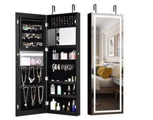 lot 448 image: COSTWAY LED Mirror Jewelry Cabinet, Wall Door Mounted Jewelry Organizer BROKEN MIRROR