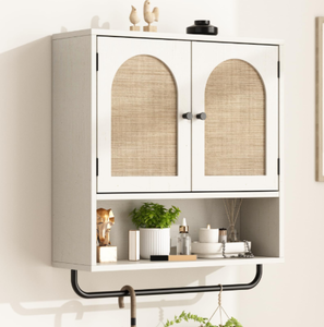 lot 463 image: RUSTOWN Rattan Bathroom Wall Cabinet, Boho Medicine Cabinet with 2 Arched Doors, Farmhouse Over The Toilet Storage Cabinet