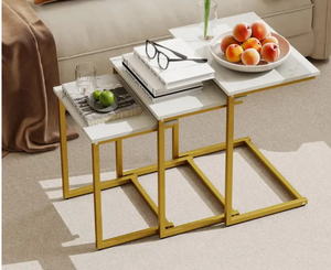 lot 472 image: Giantex Nesting Coffee Table Set of 3 Stackable Square End Table wFaux Marble Tabletop & Heavy-Duty Metal Frame