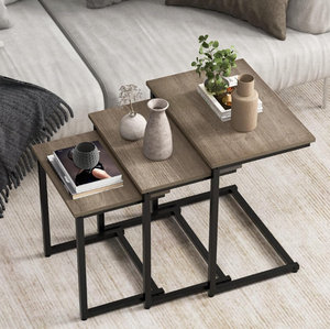 lot 480 image: Giantex Nesting Coffee Table Set of 3, Stackable Square End Table wWood Grain Tabletop & Heavy-Duty Metal Frame, Farmhouse C-Shaped Accent Table for Small Space, Living Room, Bedroom (Black Oak) (Maybe Missing Hardware)
