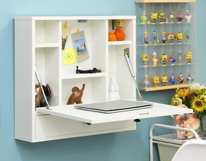 lot 233 image: IFANNY Wall Mounted Computer Desk wStorage Drawer & Shelves, Compact Floating Table, Space Saving Table Fold Down, Wall Desks for Small Spaces (White)