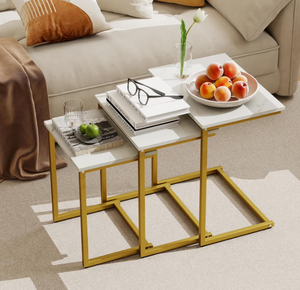 lot 241 image: Nesting Coffee Table Set of 3, Stackable Square End Table wFaux Marble Tabletop & Heavy-Duty Metal Frame, Farmhouse C-Shaped Accent Table for Small Space, Living Room, Bedroom (White Gold)