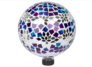lot 268 image: Alpine Corporation HMD218 Mosaic Gazing Globe with Mirrored Floral Pattern Decoration for Garden, Patio, and Lawn, 12 H